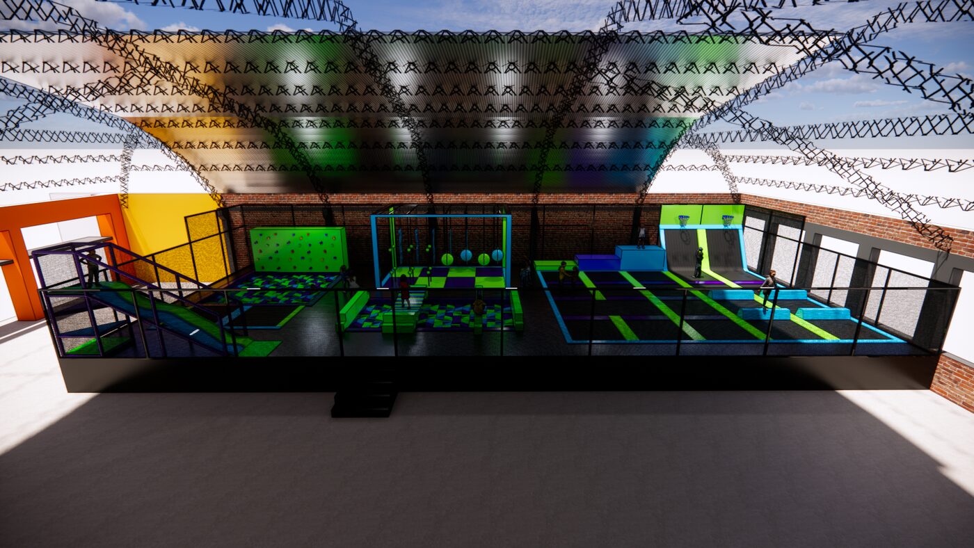 Renderização 3D de uma arena de trampolim indoor projetada pela TX For Fun